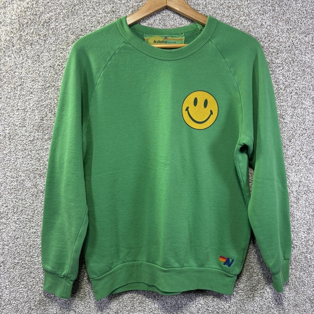 Aviator Nation Sweatshirt Mens Medium Green Smiley Face Fleece Crewneck Graphic